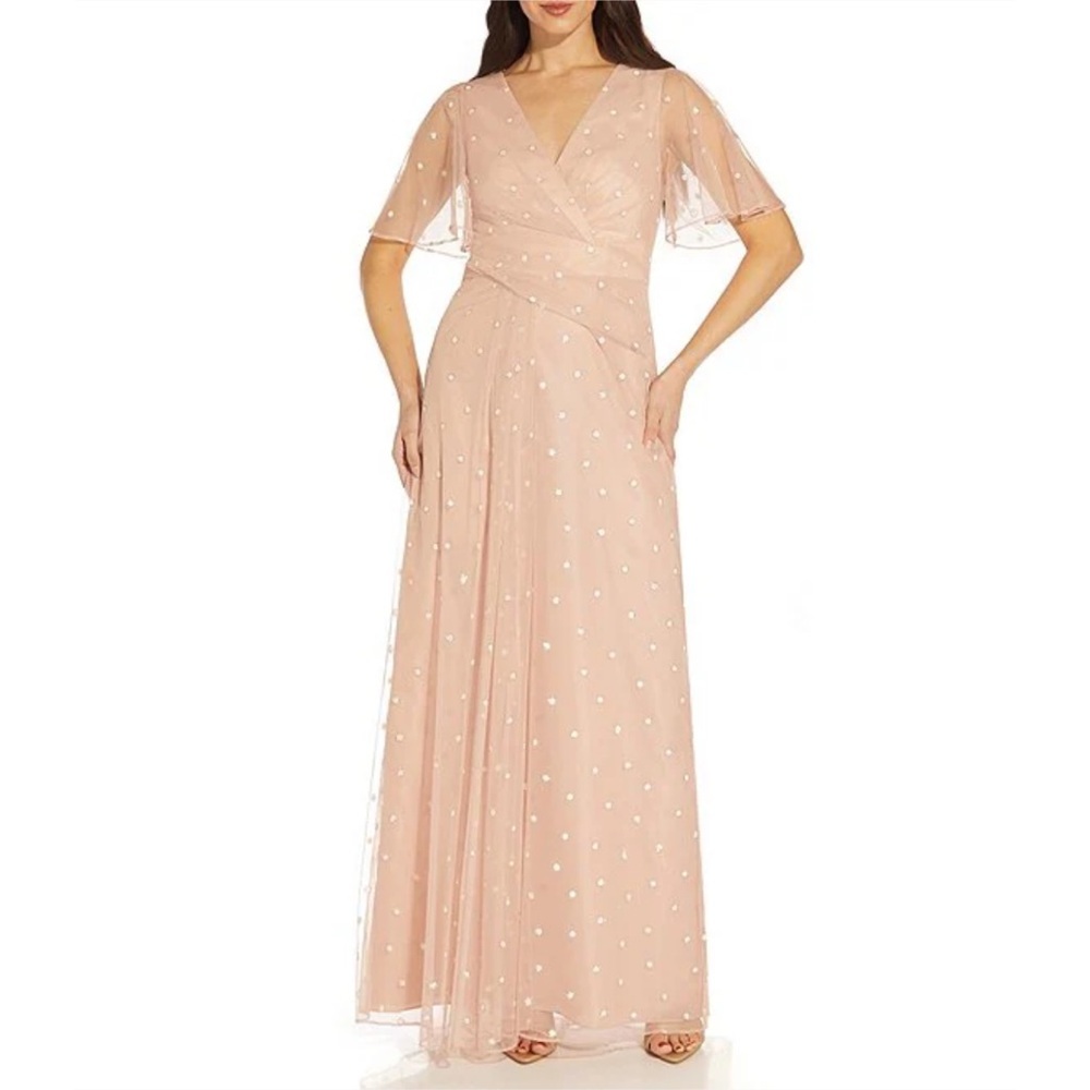 Adrianna Papell Metallic Clip Dot Short Flutter Sleeve Draped Gown NWT